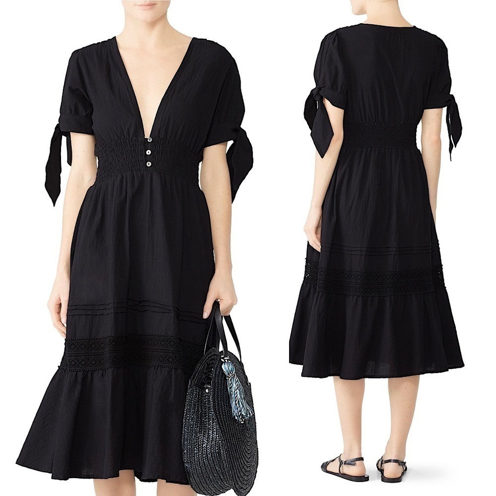CLEOBELLA Puff Short Sleeve Smocked Waist Tiered Crochet Lace Ruffle Hem Dress M